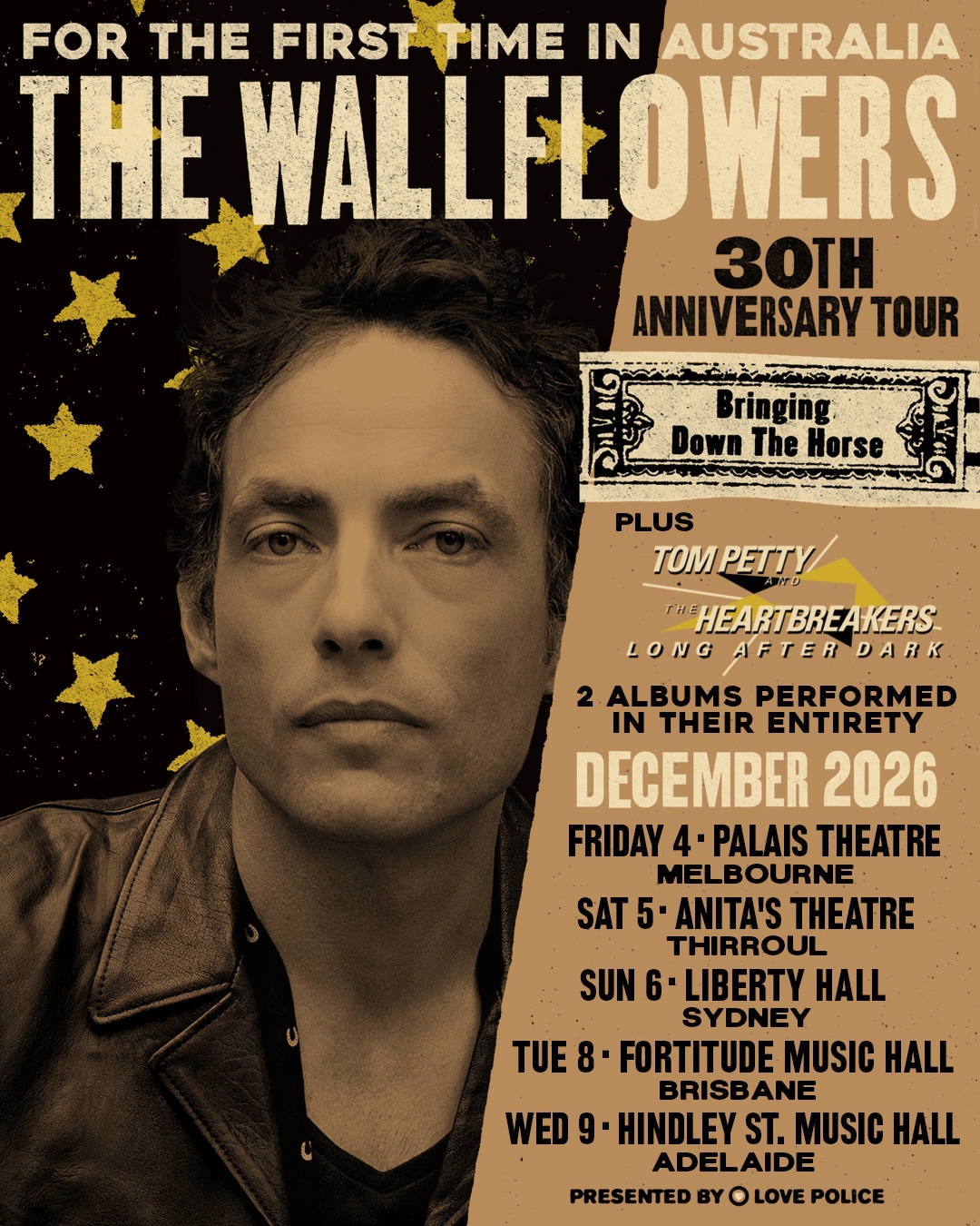 Jakob Dylan of rock band The Wallflowers wearing a leather jacket while sitting in the back seat of a car.